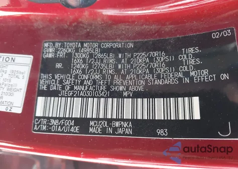 2003 Toyota Highlander V6 z USA, uszkodzony, nr VIN JTEGF21A030103421